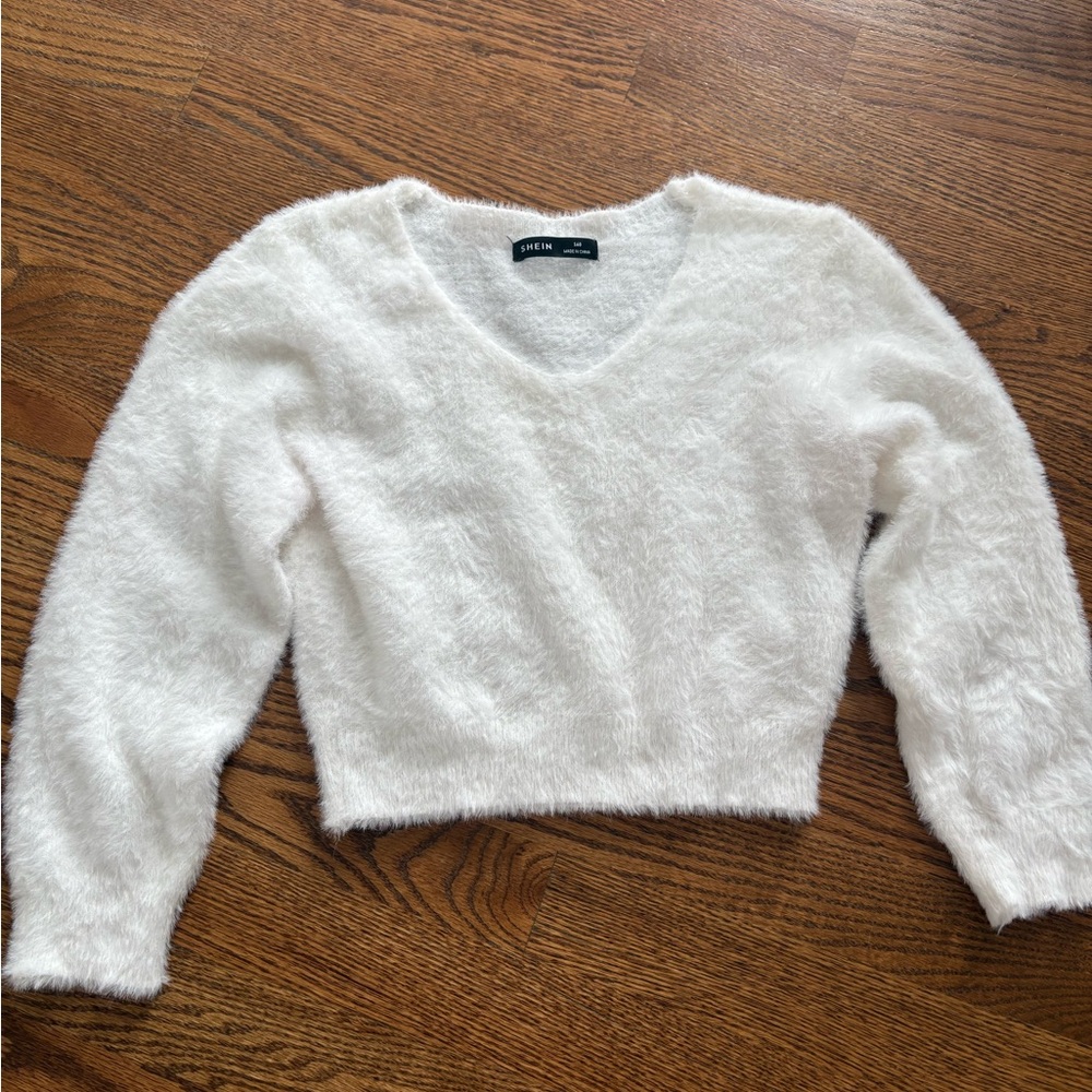 SHEIN Soft White Fluffy V-Neck Sweater